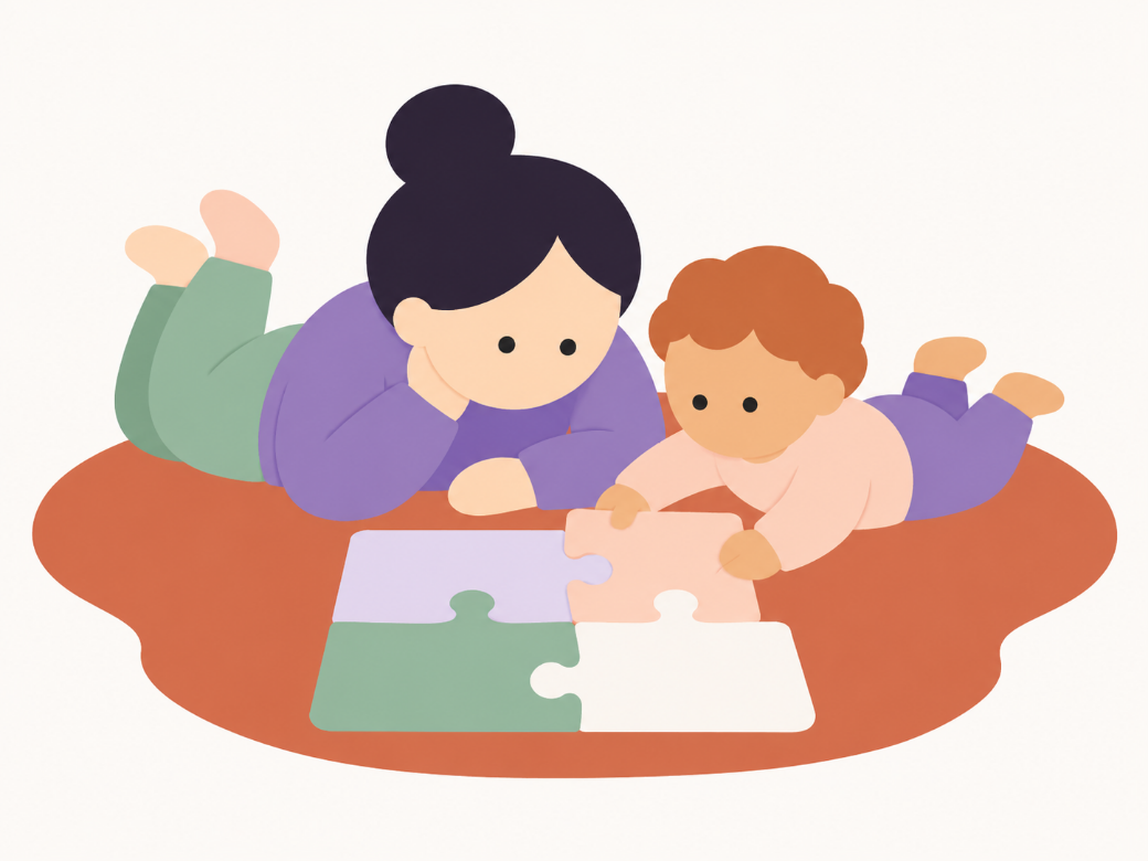 Children and a caregiver playing together with puzzle pieces.